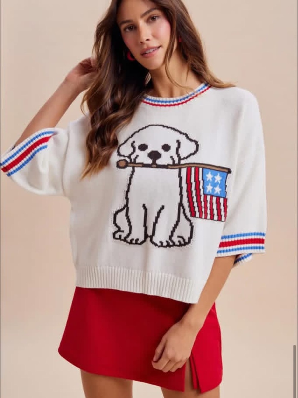 White Crewneck Sweater with Patriotic Puppy Graphic - Picture 1 of 1